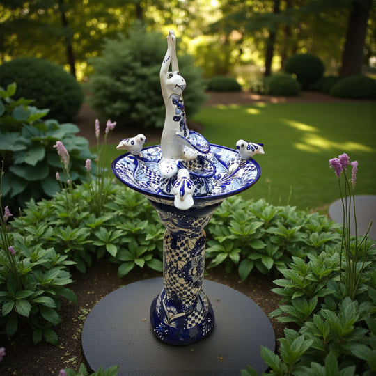 Blue & White Talavera Frog Fountain with Rim Birds | Mexican Garden - hand-painted kiln-fired Talavera frog fountain with perched rim birds in garden