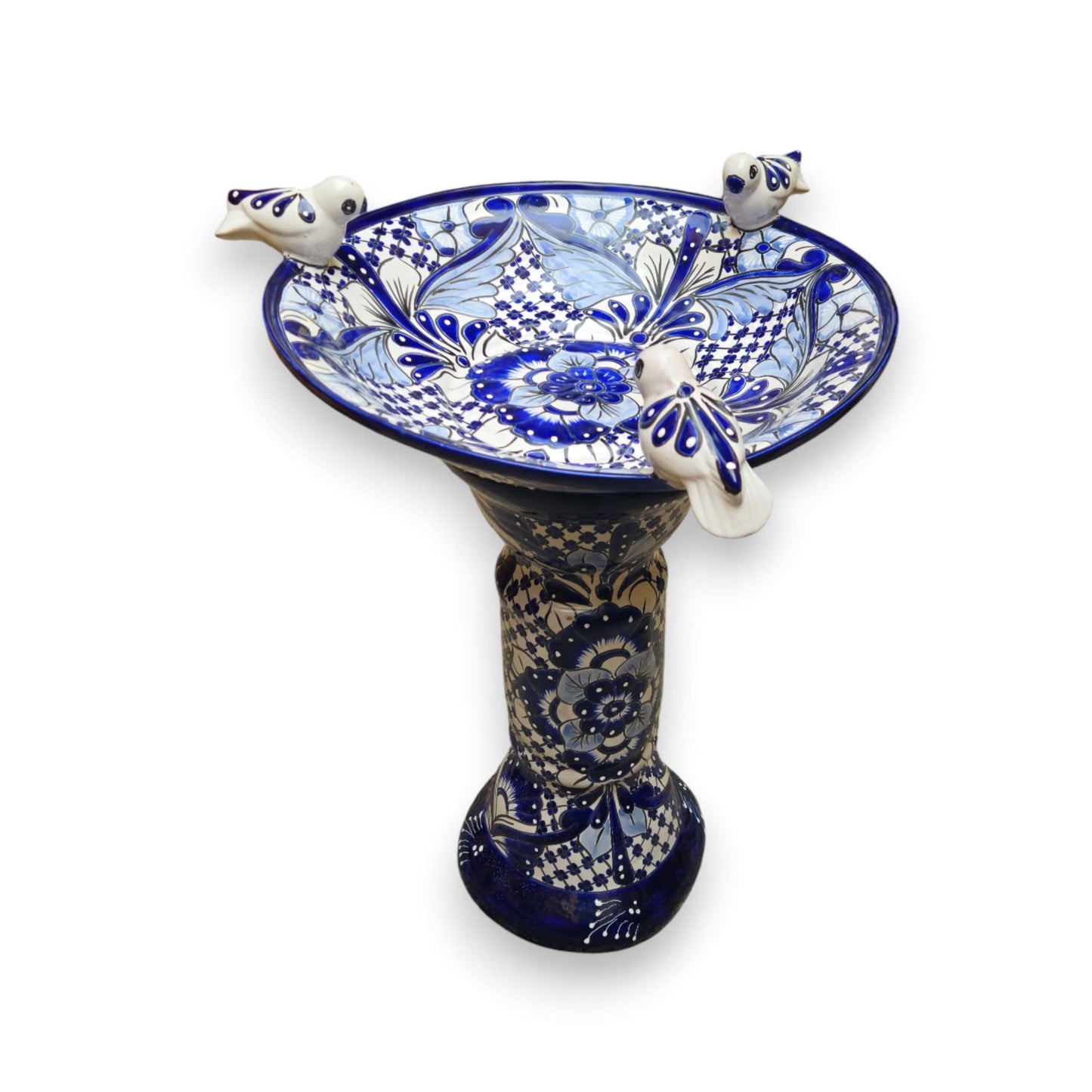 Blue & White Talavera Frog Fountain with Rim Birds | Mexican Garden hand-painted blue and white Talavera bird rim fountain