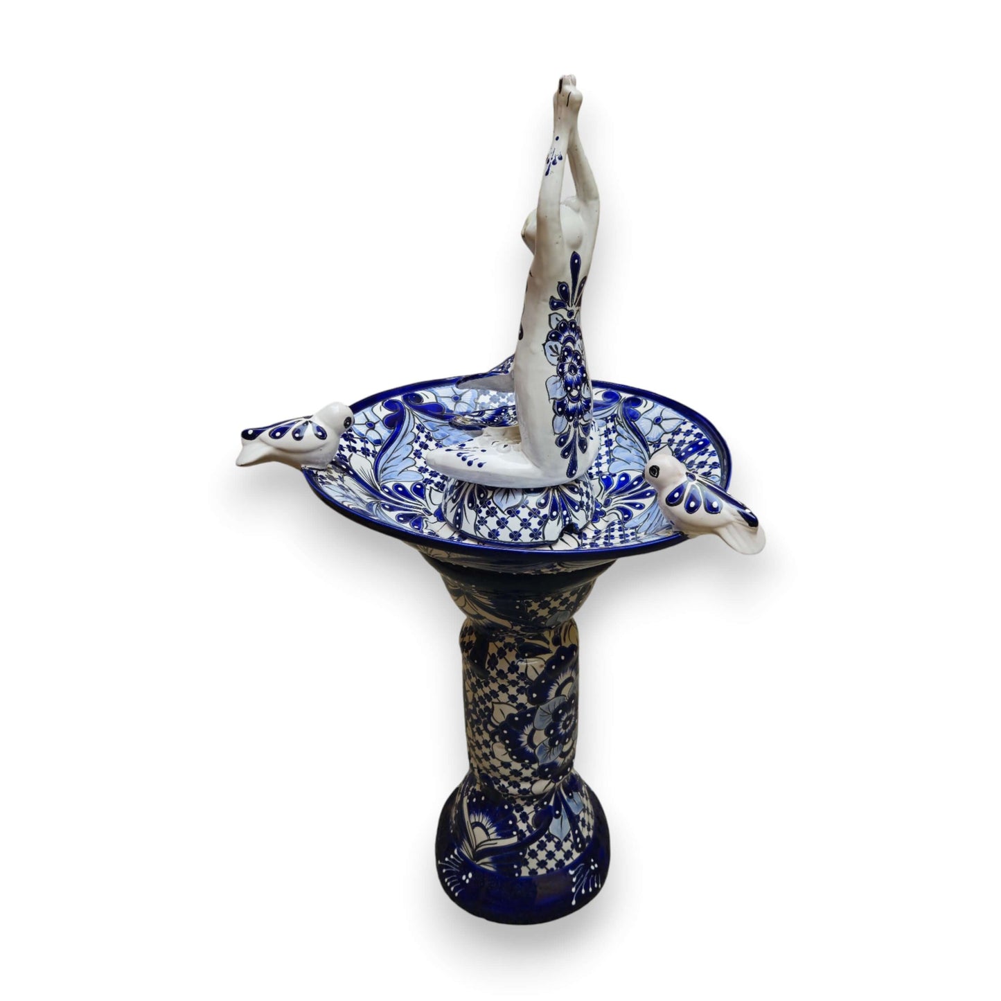 Blue & White Talavera Frog Fountain with Rim Birds | Mexican Garden hand-painted Talavera fountain with frog centerpiece and rim birds