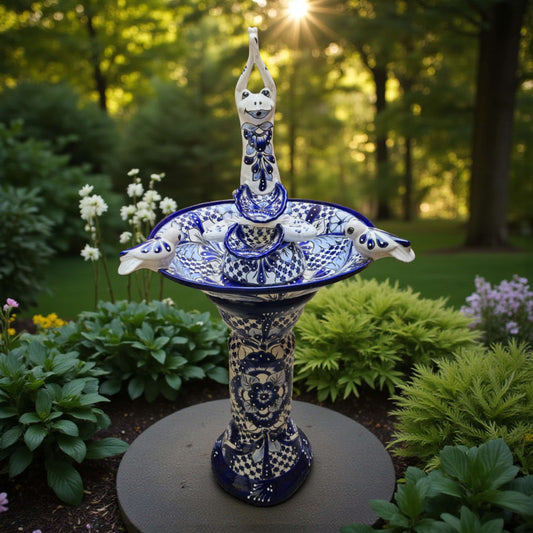 Blue & White Talavera Frog Fountain with Rim Birds | Mexican Garden hand-painted blue and white Talavera garden fountain