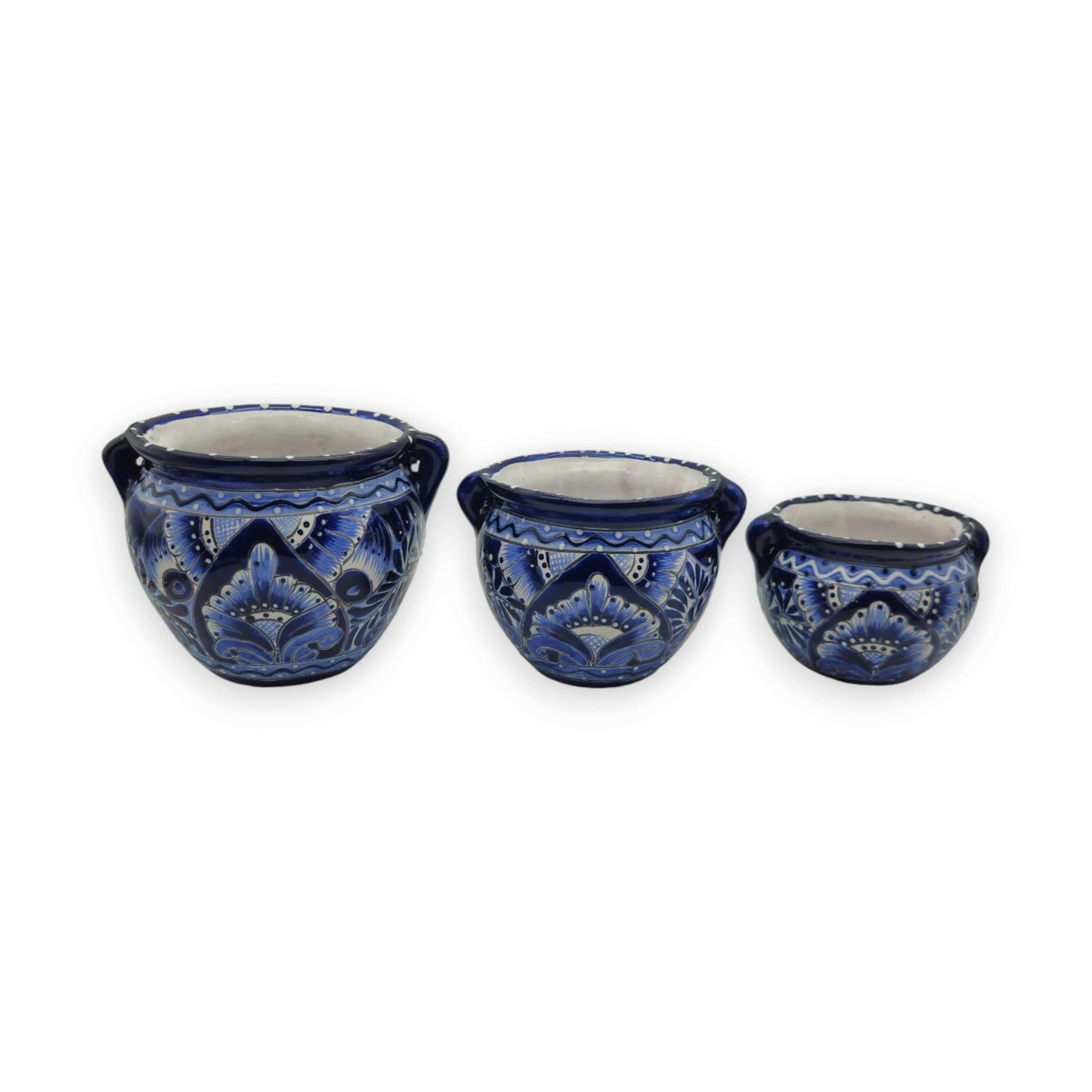 Blue & White Talavera Planter Trio | Hand-Painted Pot Set - three hand-painted cobalt and white Talavera round planters, petite scalloped floral design