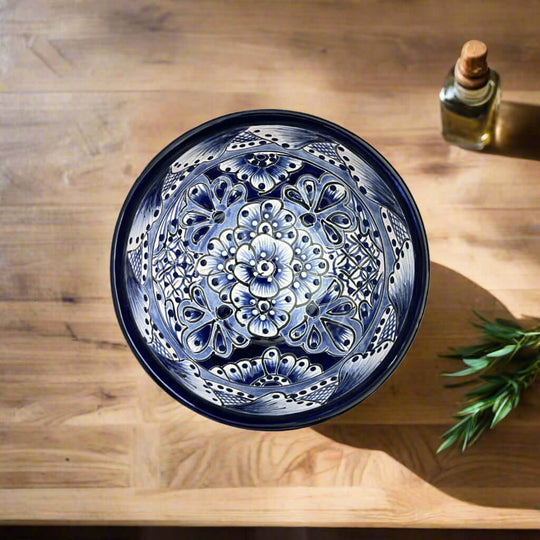 Blue & White Talavera Dinnerware Set | 12-Piece Set for 4 - hand-painted blue and white Talavera serving bowl on wooden table