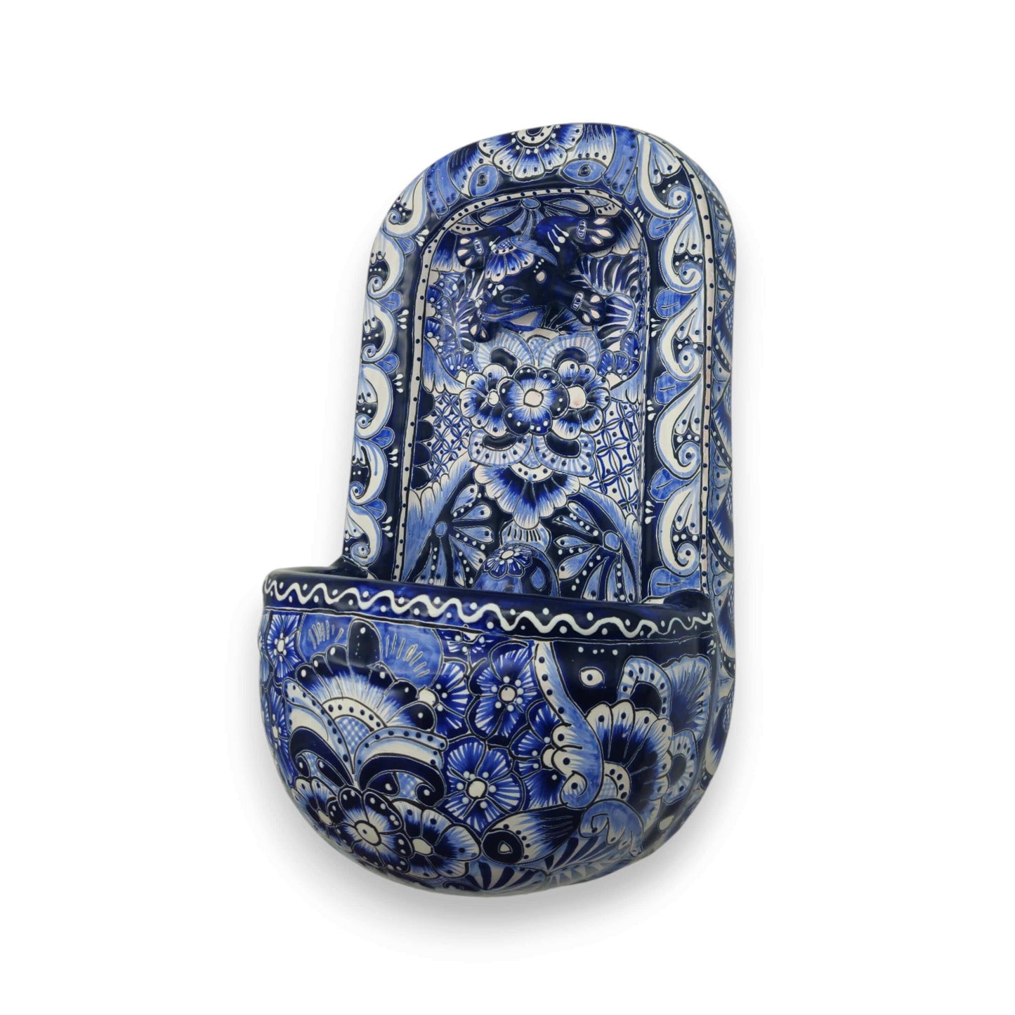 Blue & White Talavera Wall Fountain | Handcrafted Mexican Ceramic hand-painted lion-head spout with intricate blue and white floral motifs
