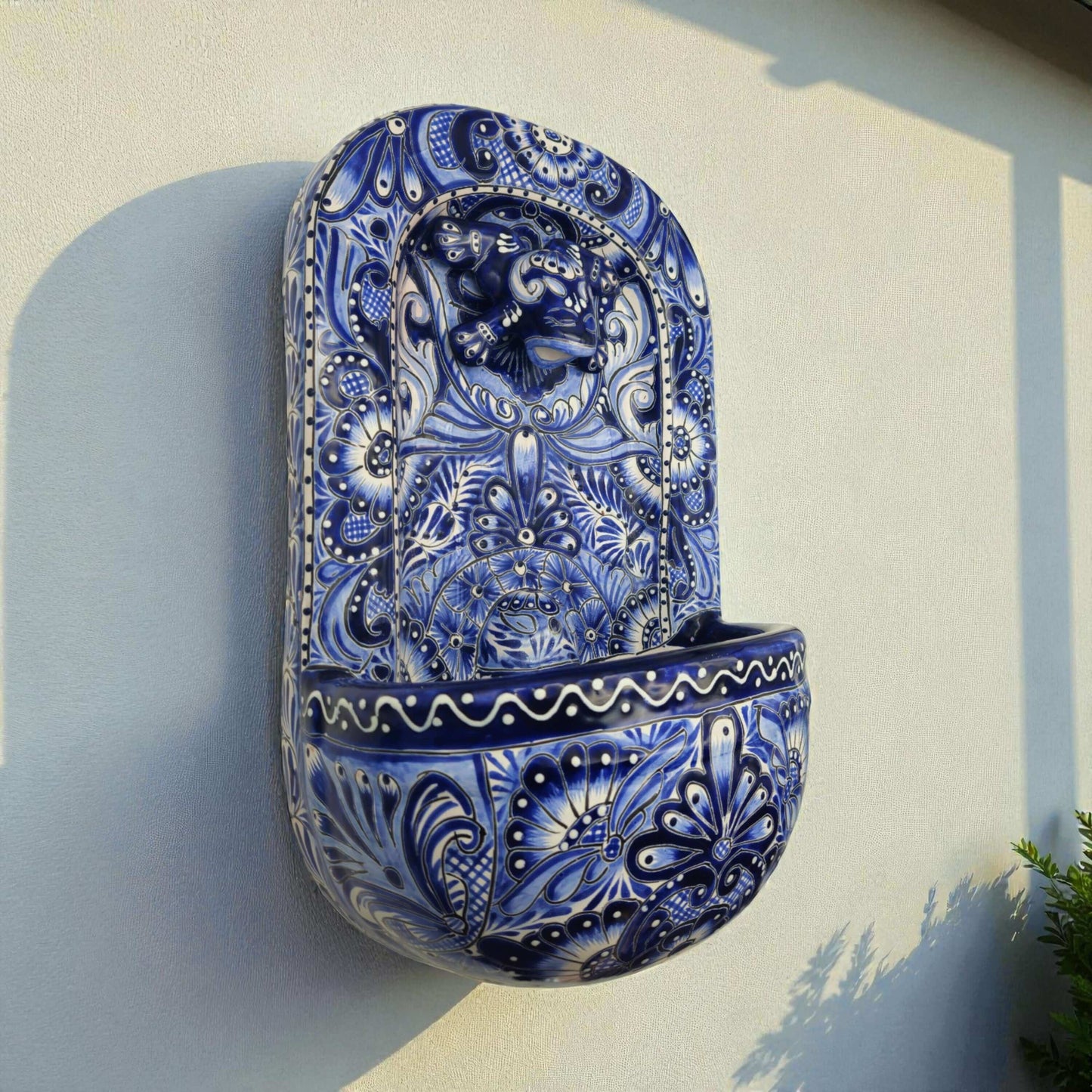 Blue & White Talavera Wall Fountain | Handcrafted Mexican Ceramic - hand-painted lion-head spout, blue and white floral Mexican ceramic wall fountain