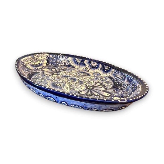 Talavera Oval Serving Platter | Blue & White Mexican Kitchenware handcrafted cobalt-rimmed oval platter with floral Talavera pattern