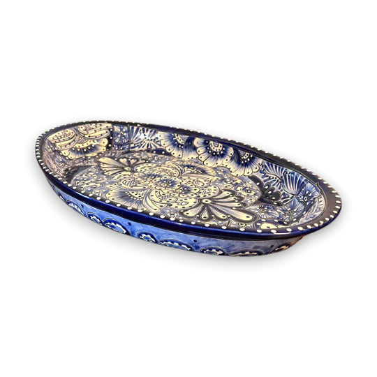 Talavera Oval Serving Platter | Blue & White Mexican Kitchenware handcrafted cobalt-rimmed oval platter with floral Talavera pattern