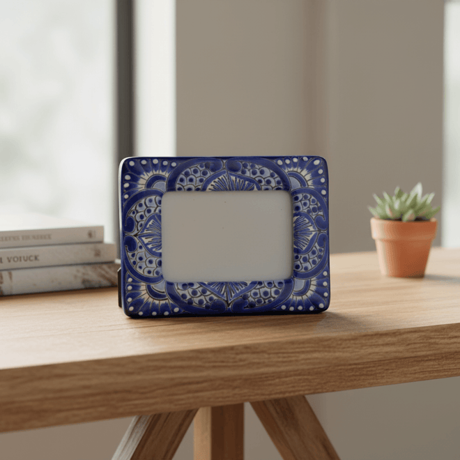 Blue and white Talavera picture frame shown from the front on a wooden table