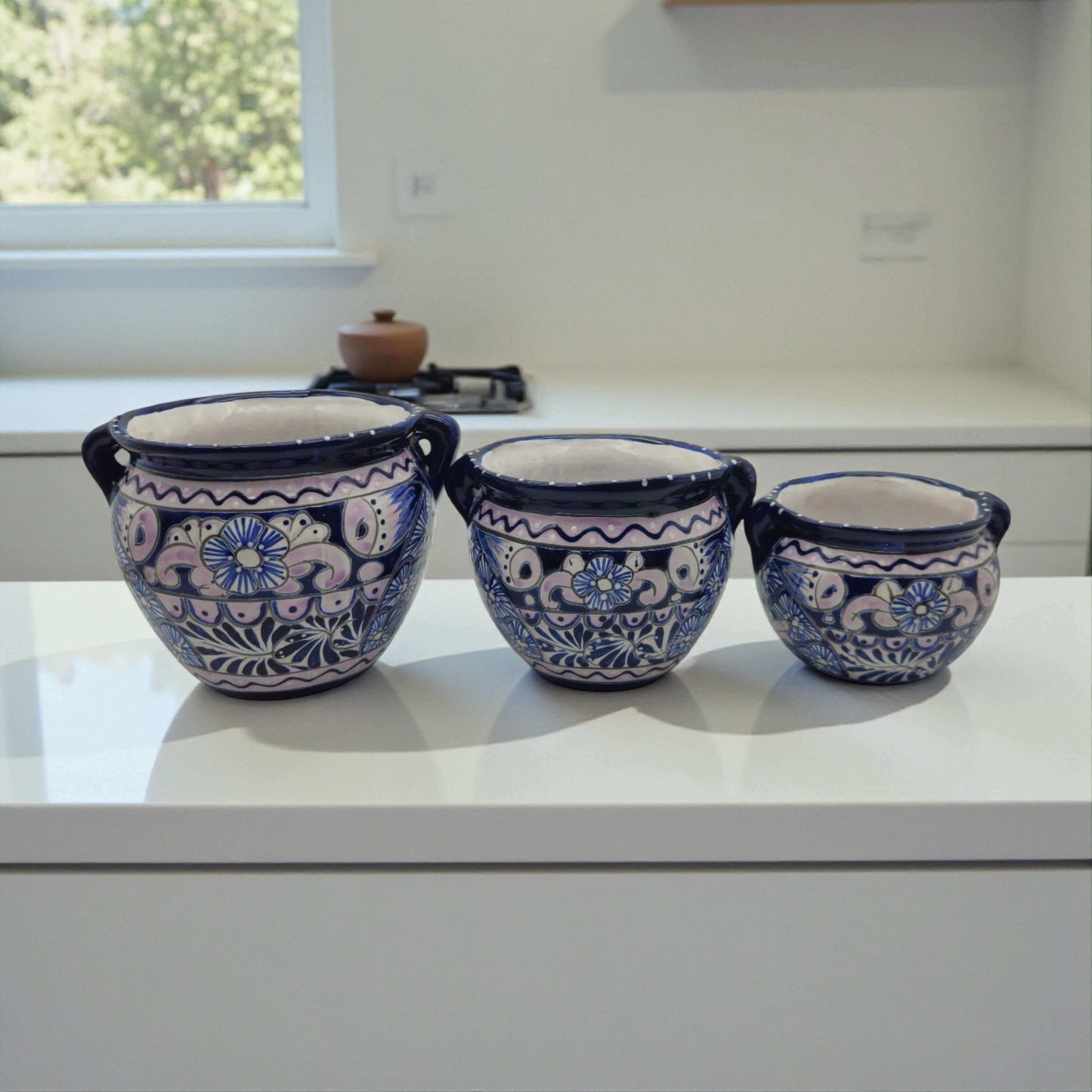 Blue & White Talavera Planter Trio | Hand-Painted Pot Set - trio of hand-painted cobalt floral Talavera pots, kiln-fired lead-free glaze, petite round planters