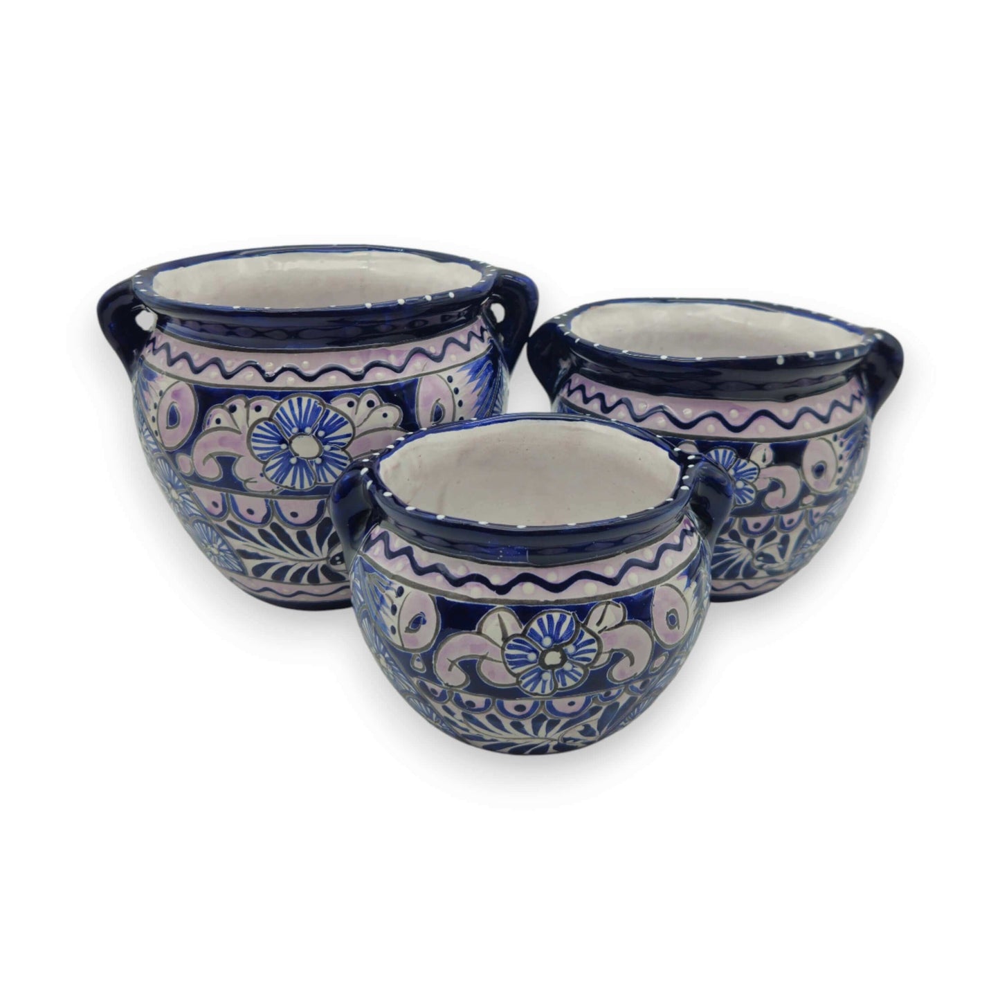 Blue & White Talavera Planter Trio | Hand-Painted Pot Set - three hand-painted cobalt floral Talavera planters with scalloped accents