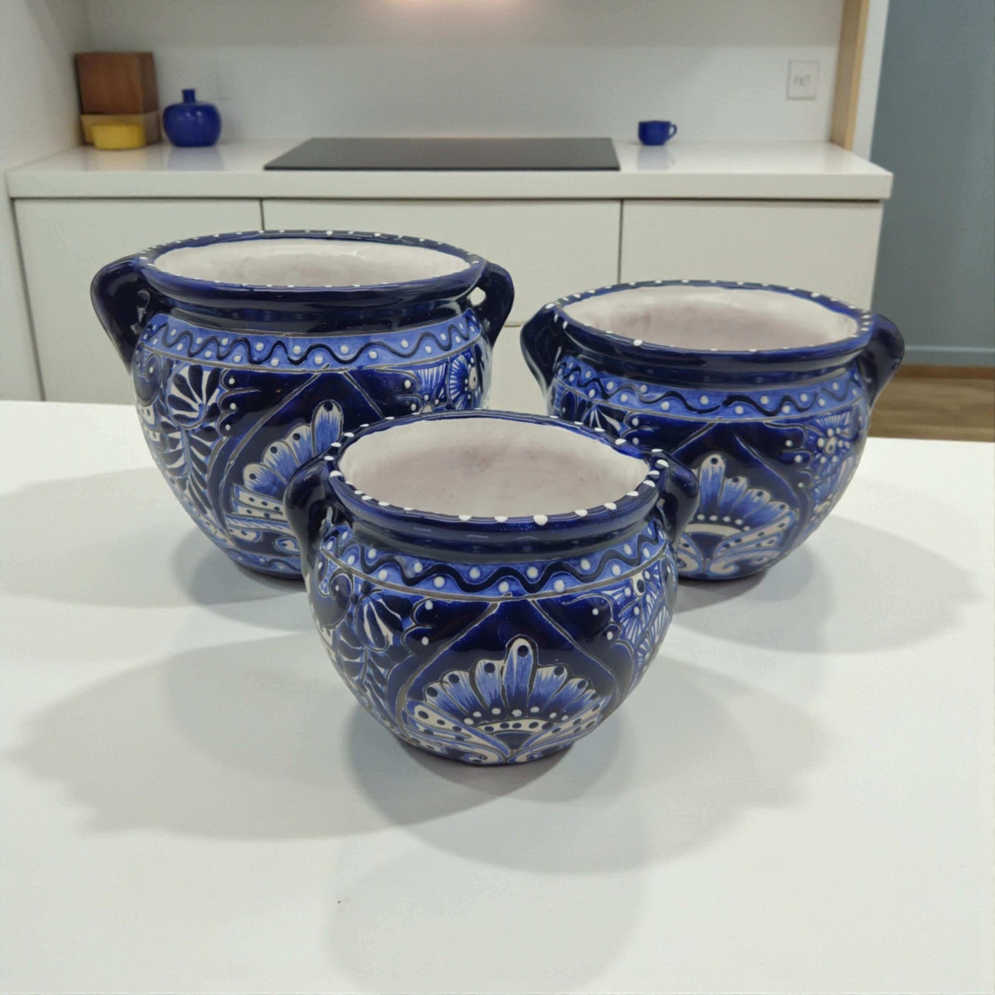 Blue & White Talavera Planter Trio | Hand-Painted Pot Set - three cobalt blue hand-painted Talavera planters with white floral motifs