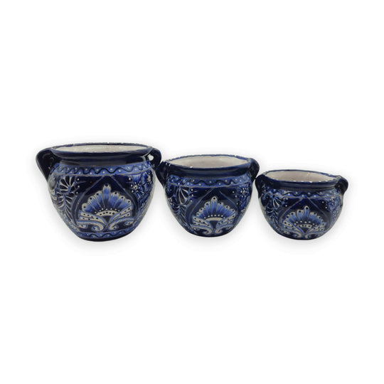 Blue & White Talavera Planter Trio | Hand-Painted Pot Set - three cobalt and white hand-painted round planters with floral motifs