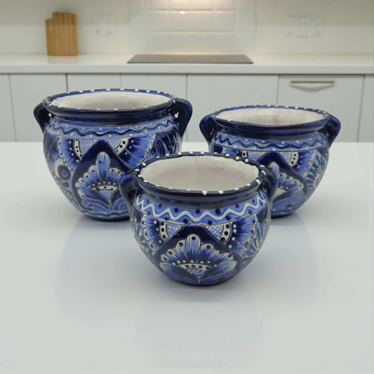 Blue & White Talavera Planter Trio | Hand-Painted Pot Set — three cobalt and white hand-painted Talavera planters with floral scalloped motifs
