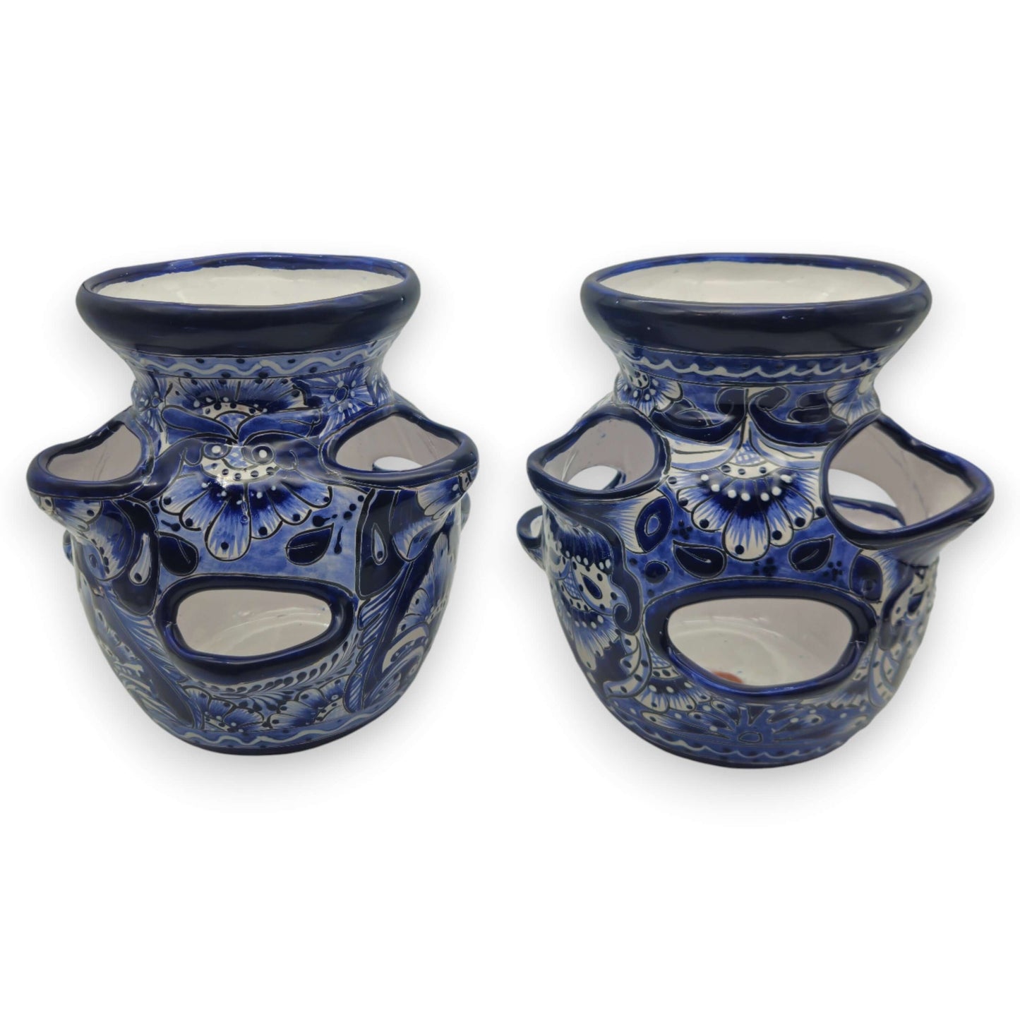 Blue & White Talavera Strawberry Planter | Handcrafted Mexican Pot - hand-painted cobalt floral strawberry pot from Guanajuato