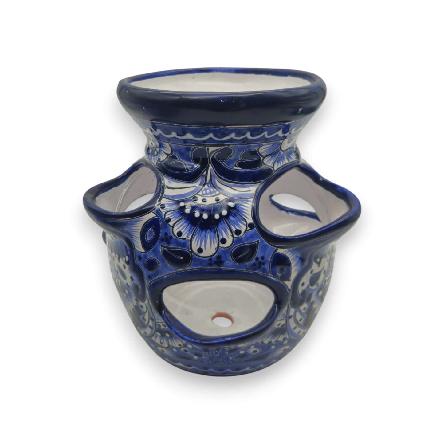 Blue & White Talavera Strawberry Planter | Handcrafted Mexican Pot - hand-painted cobalt floral strawberry pot from Guanajuato, kiln-fired lead-free glaze