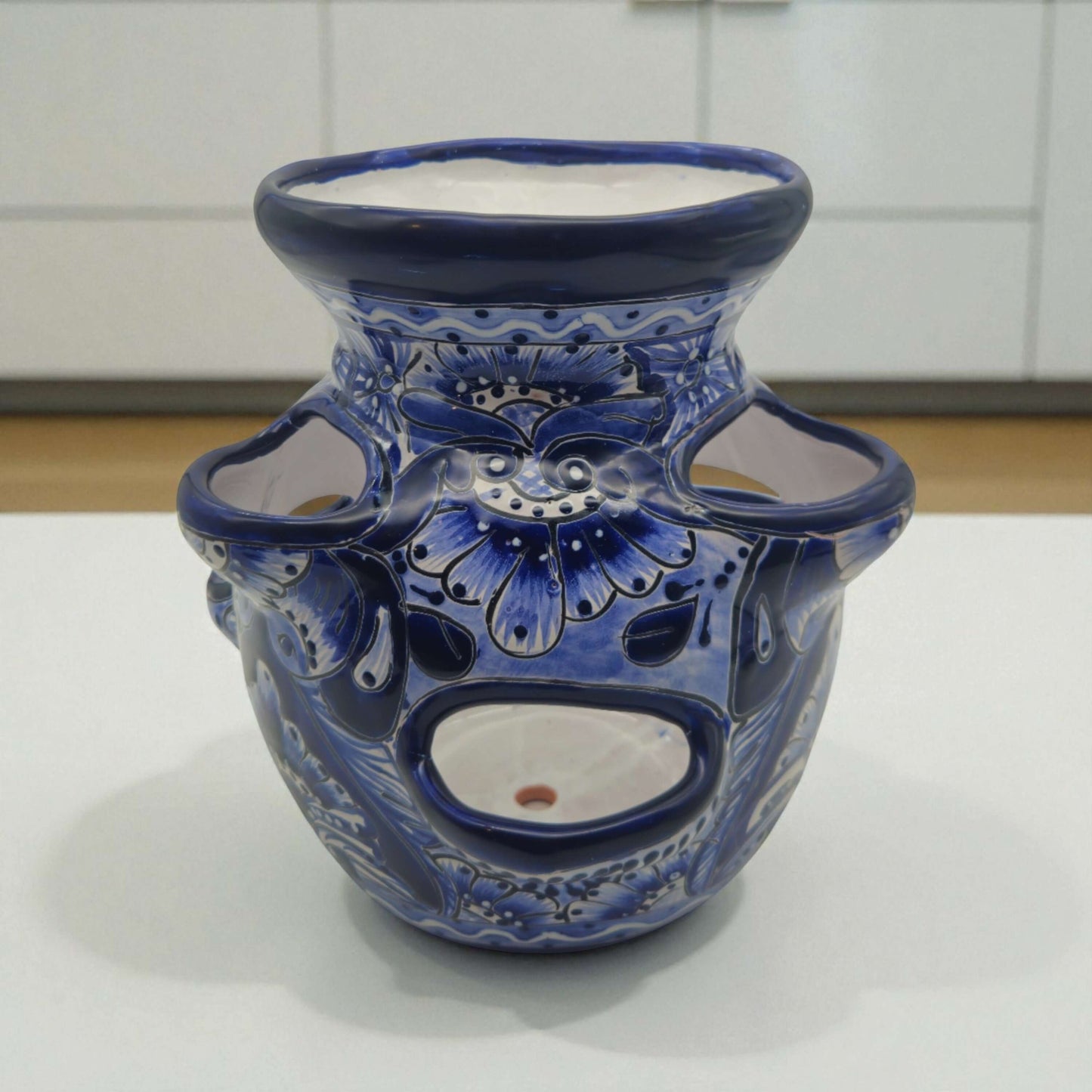 Blue & White Talavera Strawberry Planter | Handcrafted Mexican Pot hand-painted cobalt floral strawberry pot from Guanajuato, kiln-fired lead-free glaze