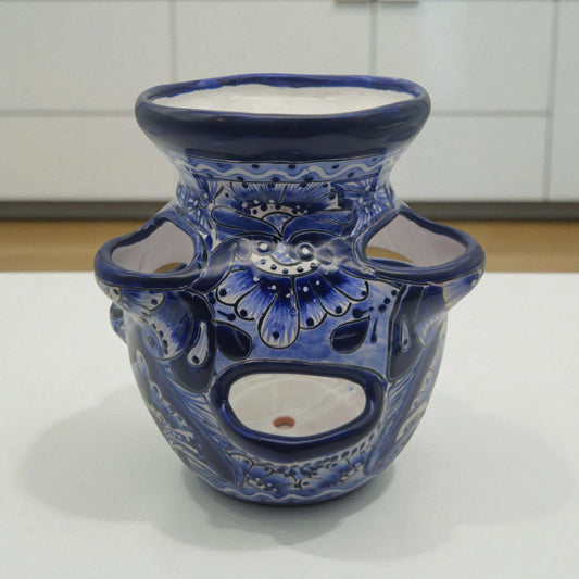 Blue & White Talavera Strawberry Planter | Handcrafted Mexican Pot hand-painted cobalt floral strawberry pot from Guanajuato, kiln-fired lead-free glaze
