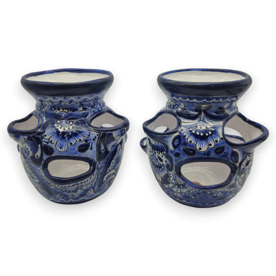 Blue & White Talavera Strawberry Planter | Handcrafted Mexican Pot - hand-painted cobalt floral strawberry pot from Guanajuato