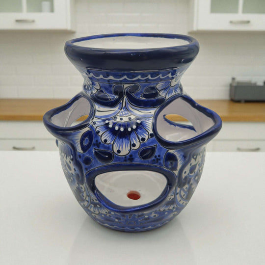 Blue & White Talavera Strawberry Planter | Handcrafted Mexican Pot - hand-painted cobalt blue floral strawberry pot, kiln-fired lead-free glaze