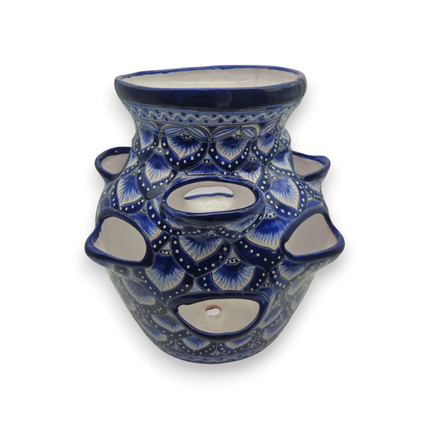 Blue & White Talavera Strawberry Pot | Hand-Painted Ceramic Planter hand-painted cobalt blue floral strawberry planter from Guanajuato, Mexico