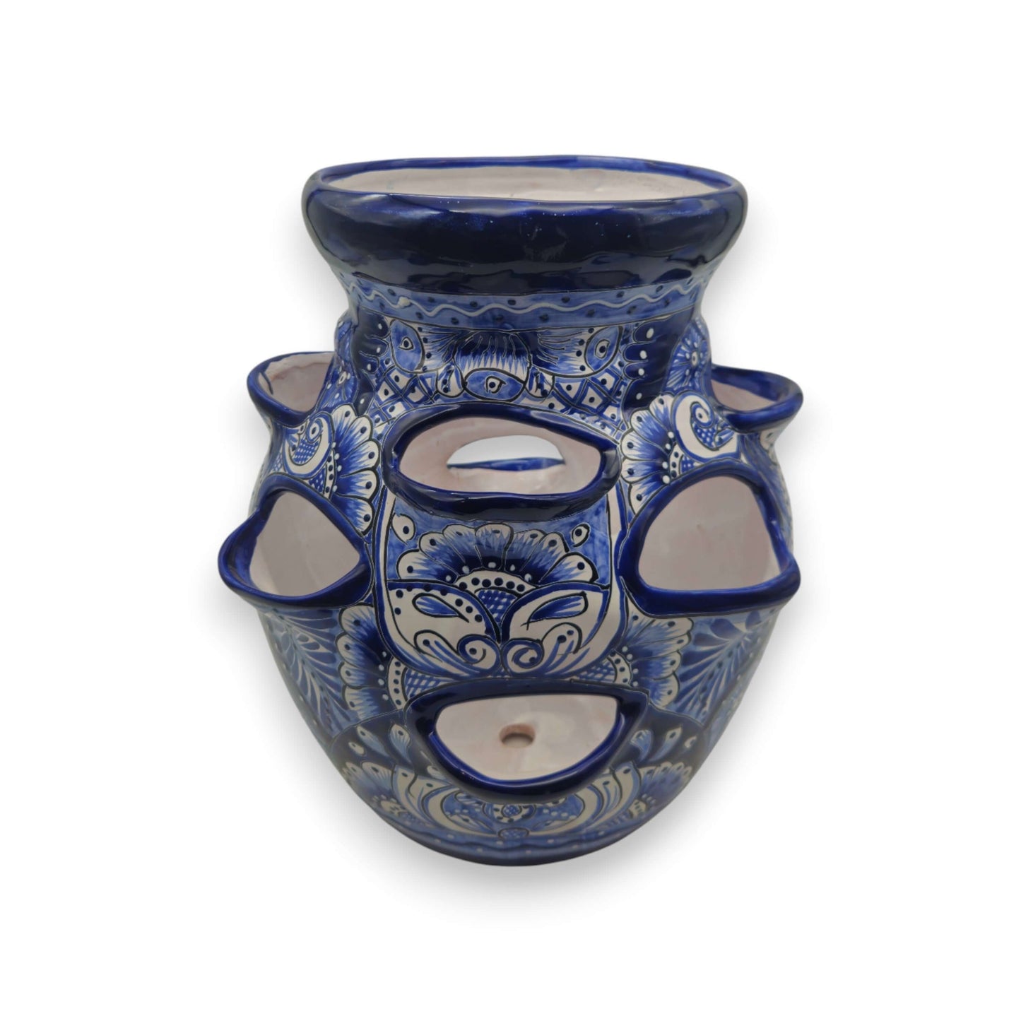 Blue & White Talavera Strawberry Pot | Hand-Painted Ceramic Planter - cobalt blue hand-painted Talavera strawberry planter with side openings