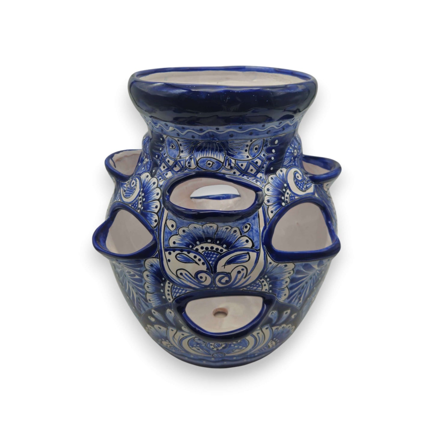 Blue & White Talavera Strawberry Pot | Hand-Painted Ceramic Planter - hand-painted cobalt blue floral strawberry planter from Guanajuato