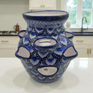 Blue & White Talavera Strawberry Pot | Hand-Painted Ceramic Planter on kitchen counter, cobalt floral pattern, multiple side openings