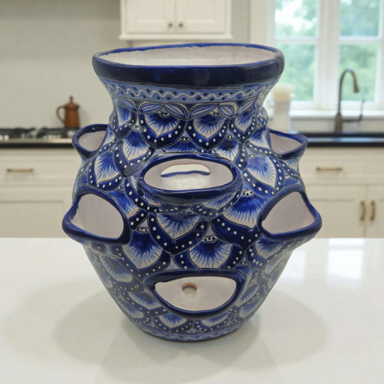 Blue & White Talavera Strawberry Pot | Hand-Painted Ceramic Planter on kitchen counter, cobalt floral pattern, multiple side openings