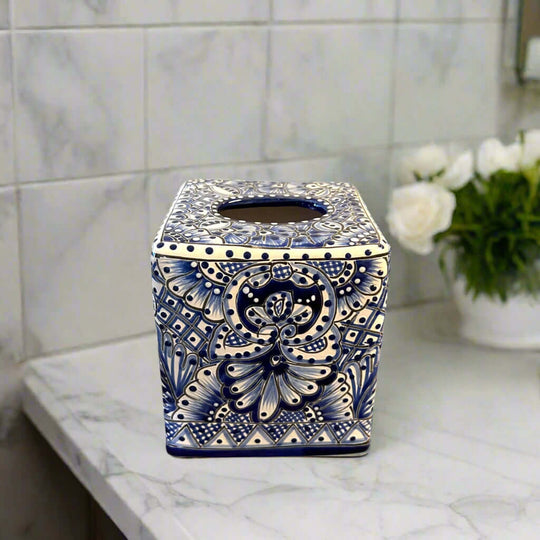 Blue & White Talavera Tissue Box Cover | Vibrant Mexican Decor - hand-painted Talavera ceramic tissue box with intricate blue floral patterns