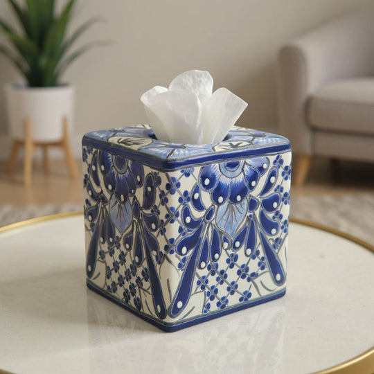 Blue & White Talavera Tissue Box | Handmade Mexican Accent on a table