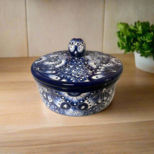 Blue & White Talavera Tortilla Warmer | Handmade Mexican Kitchenware - hand-painted lead-free glazed tortilla warmer