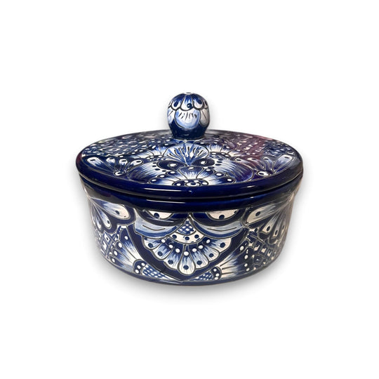 Blue & White Talavera Tortilla Warmer | Handmade Mexican Kitchenware - hand-painted blue-and-white Talavera tortilla warmer, lead-free glazed, Guanajuato pottery