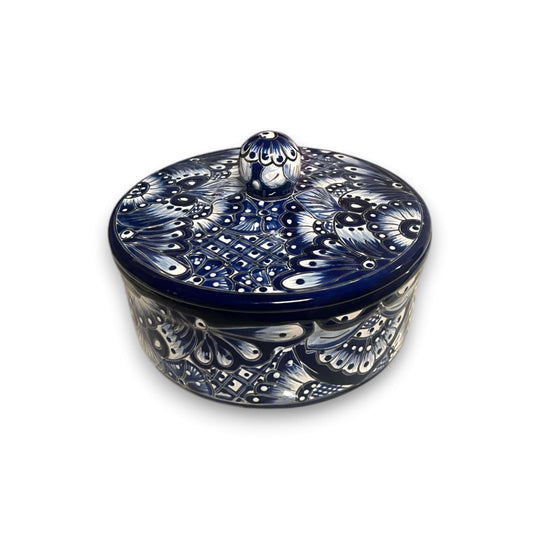 Blue & White Talavera Tortilla Warmer | Handmade Mexican Kitchenware - hand-painted kiln-fired blue and white Talavera tortilla warmer