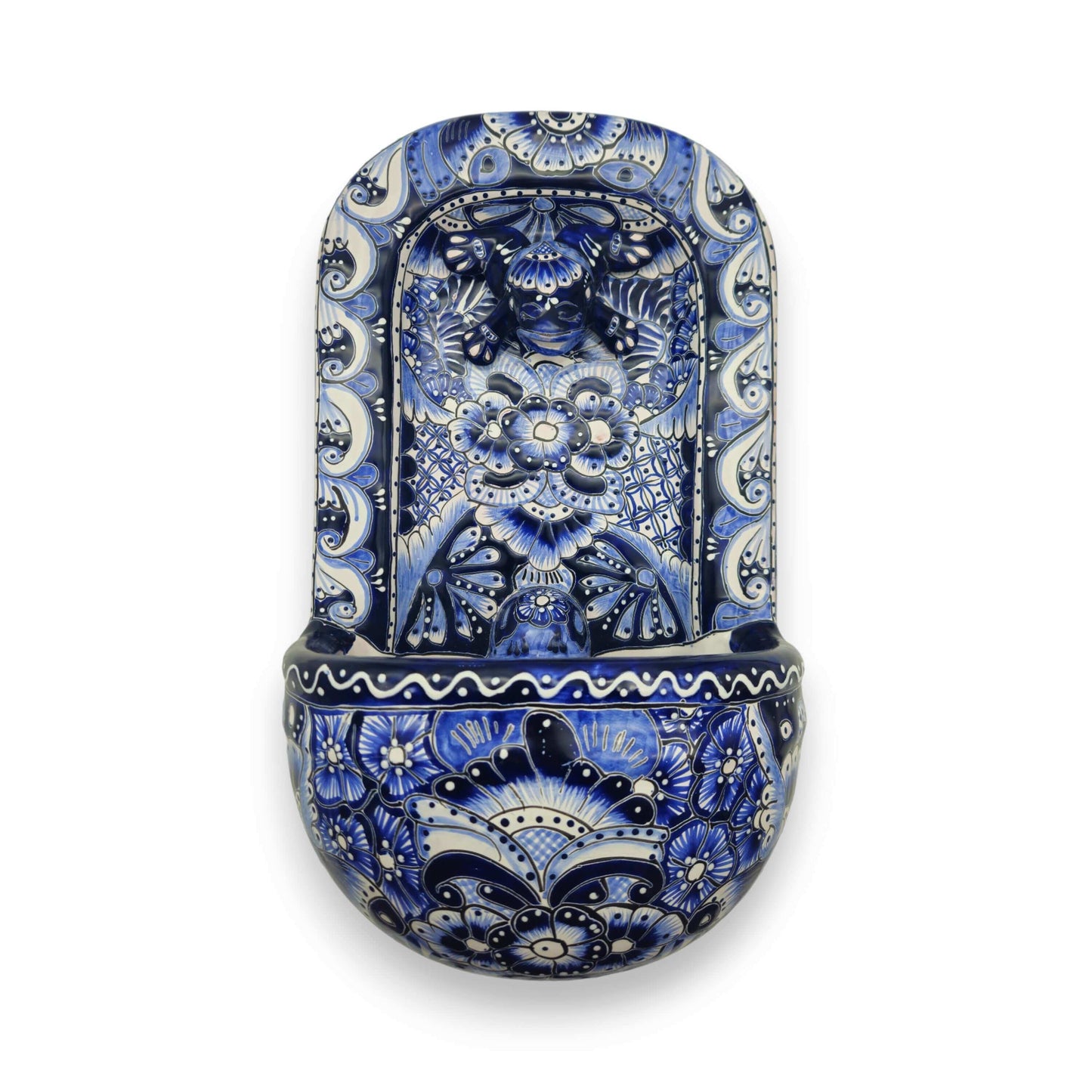 Blue & White Talavera Wall Fountain | Handcrafted Mexican Ceramic - hand-painted blue and white floral ceramic wall fountain with lion-head spout
