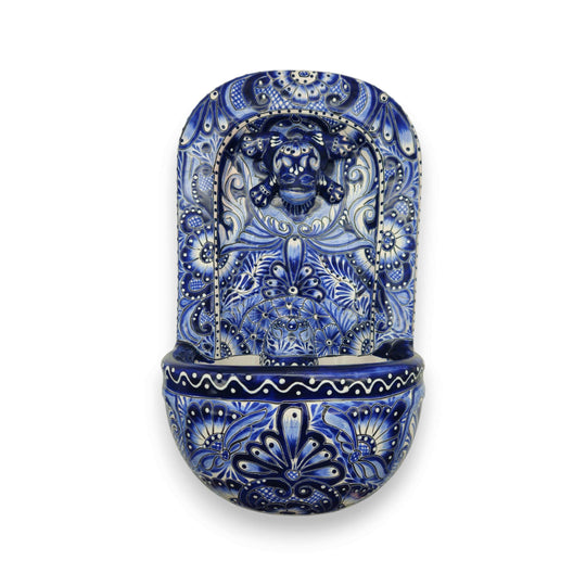 Blue & White Talavera Wall Fountain | Handcrafted Mexican Ceramic - hand-painted blue and white Talavera wall fountain with lion-head spout, floral motifs