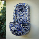 Blue & White Talavera Wall Fountain | Handcrafted Mexican Ceramic - hand-painted blue and white floral ceramic wall fountain with lion-head spout