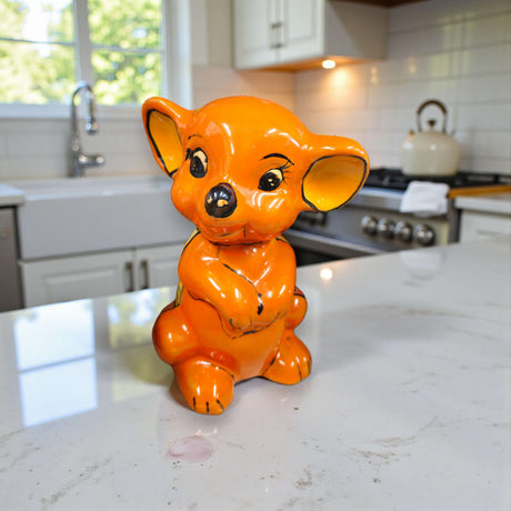 Bright Talavera Mouse Figurine | Mexican Folk Art Accent - glossy orange hand-painted Talavera mouse on kitchen countertop