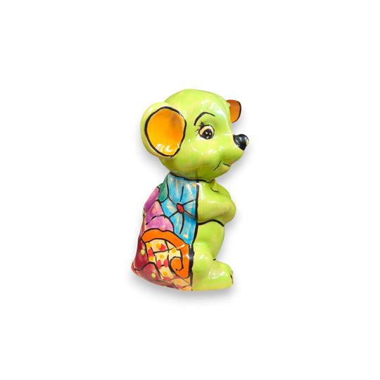 Bright Talavera Mouse Figurine | Mexican Folk Art Accent - glossy hand-painted green and orange ceramic mouse with colorful Talavera patterns