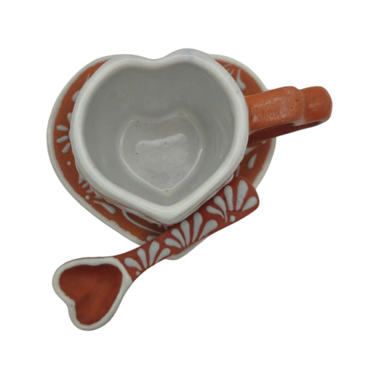 Brown heart mug with plate and cup and spoons set - white background product view 3