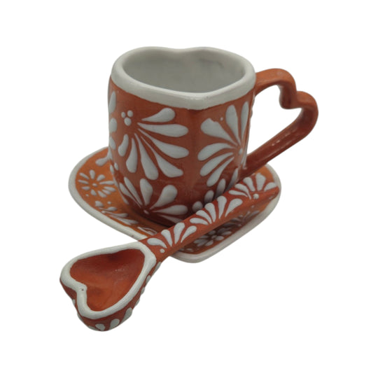Brown heart mug with plate and cup and spoons set - white background product view 4