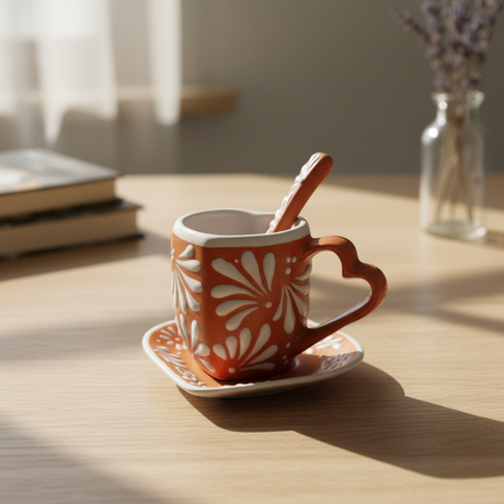 Brown heart mug with plate and cup and spoons set - lifestyle product view 1
