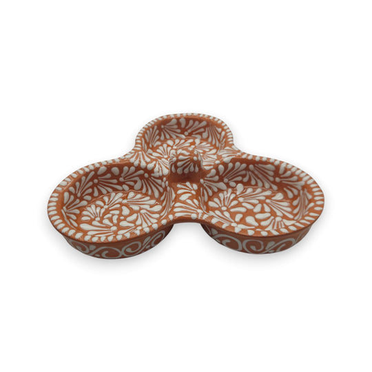 Brown & White Talavera 3-Section Serving Dish | Handcrafted Ceramic - handcrafted brown glaze with white floral Talavera pattern for snacks and dips