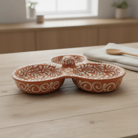 Brown & White Talavera 3-Section Serving Dish | Handcrafted Ceramic - handcrafted brown and white floral Talavera snack and dip server