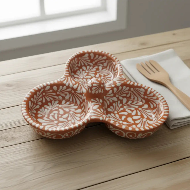 Brown & White Talavera 3-Section Serving Dish | Handcrafted Ceramic - handcrafted Mexican ceramic three-section serving dish with brown glaze and white floral pattern