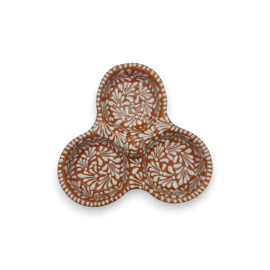 Brown & White Talavera 3-Section Serving Dish | Handcrafted Ceramic - handcrafted Mexican ceramic three-section serving dish with white floral patterns