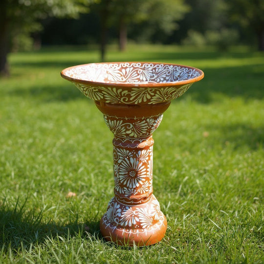 Brown & White Talavera Bird Bath | Handmade Garden Accent on grass