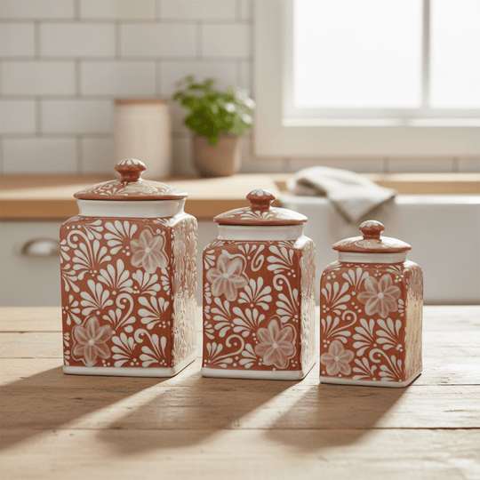 Brown and white Talavera canister set arranged on a kitchen counter