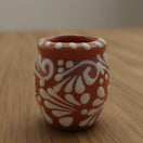 Set of 4 Brown & White Talavera Shot Glasses | Handcrafted Cantarito Set - single handcrafted brown and white Talavera cantarito on wood