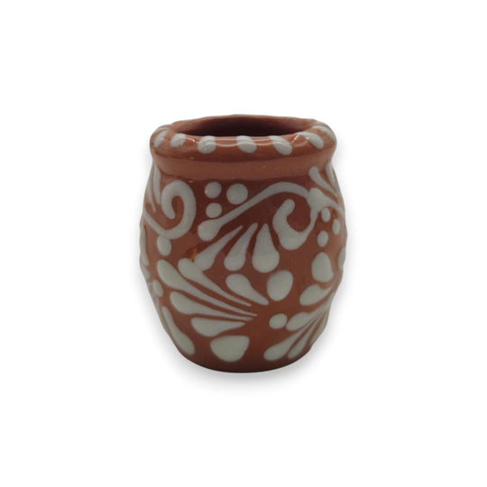 Set of 4 Brown & White Talavera Shot Glasses | Handcrafted Cantarito Set - single brown and white handpainted Talavera cantarito shot glass