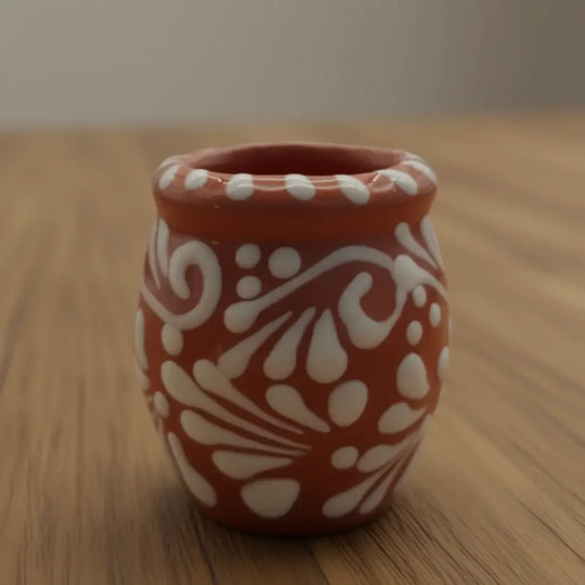 Set of 4 Brown & White Talavera Shot Glasses | Handcrafted Cantarito Set - single handcrafted brown and white Talavera cantarito on wood