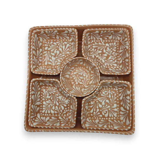 Brown & White Talavera Serving Tray | Handcrafted Sectional Set - square brown glazed tray with white floral patterns and four corner dishes